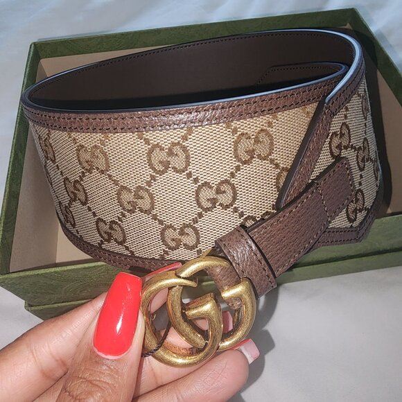 100 % Authentic Gucci Brown GG Canvas and Leather Buckle Wide Waist Belt 85CM - Picture 10 of 11